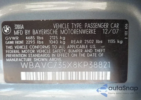2008 BMW 328Xi z USA, uszkodzony, nr VIN WBAVC735X8KP38821